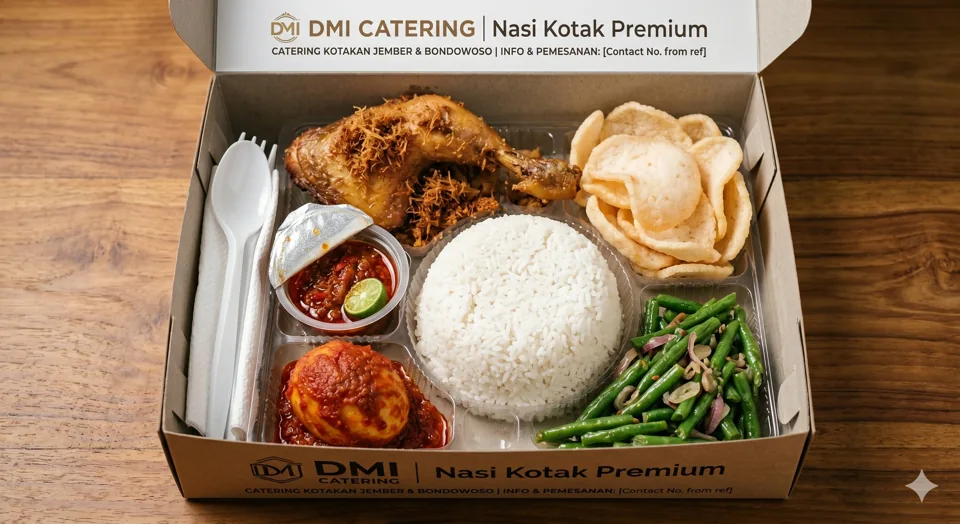 Nasi kotak lengkap dengan ayam, telur, sayuran, dan kerupuk.
